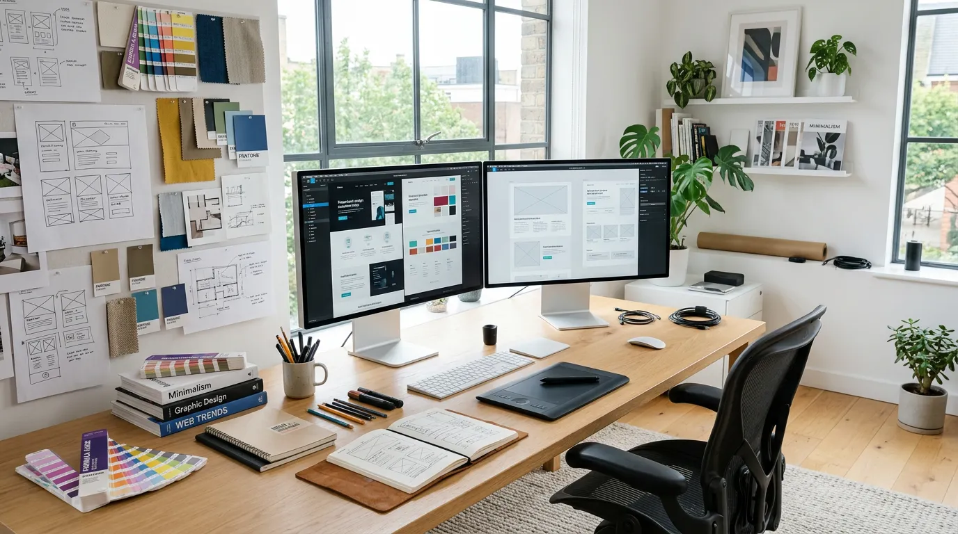 Modern creative studio workspace with design tools, sketches, color swatches, and computer monitors displaying web designs, minimalist interior, warm natural lighting