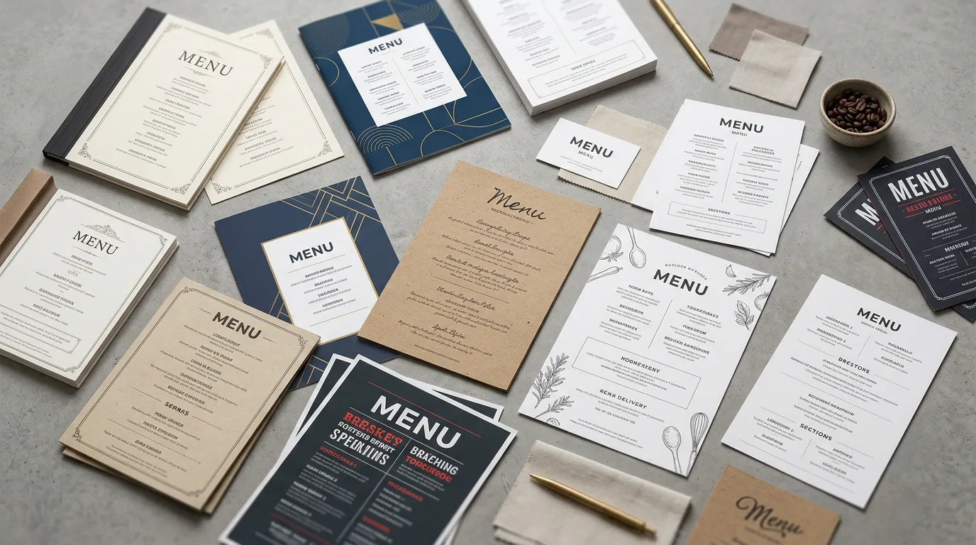Restaurant menu designs laid out showing typography, layout variations, and printed materials on neutral background, design mockups arranged artfully