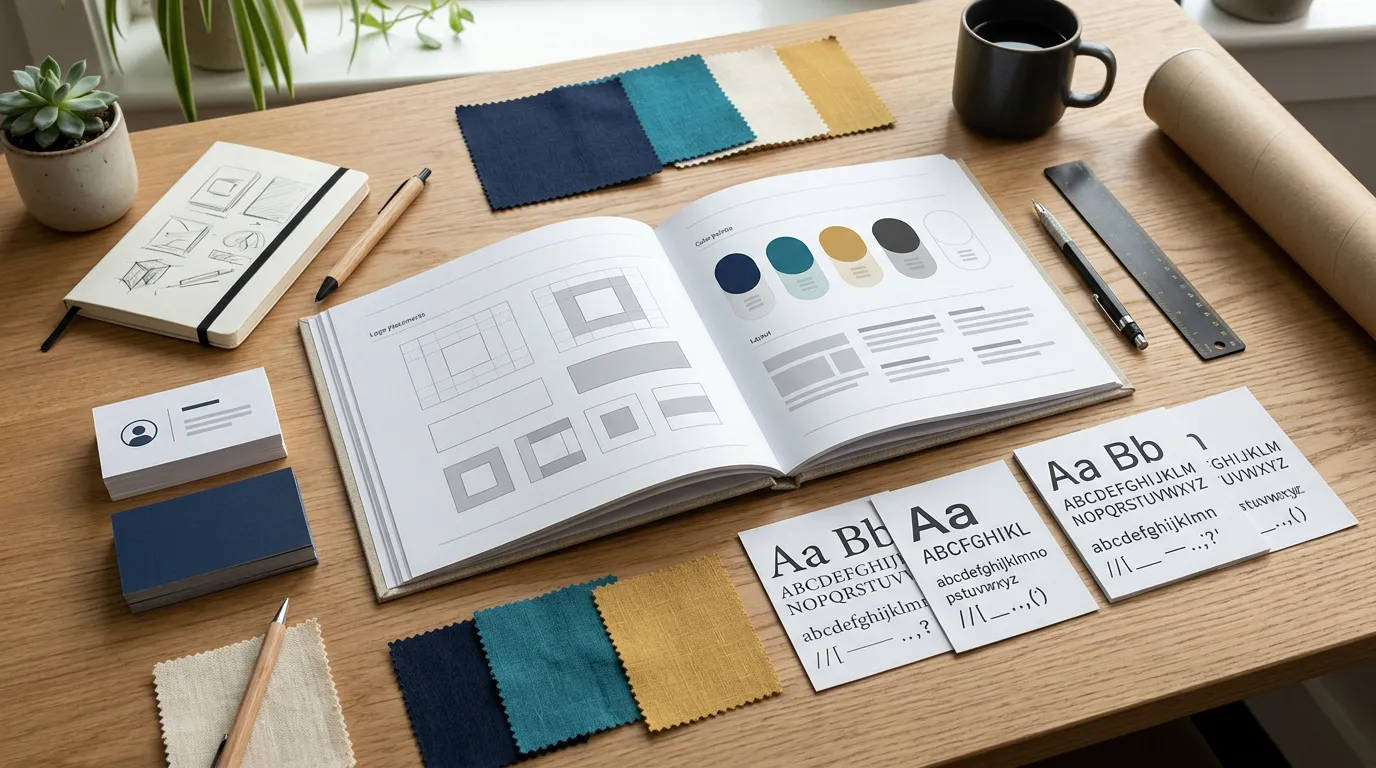 Brand identity design elements laid out on desk including logo variations, color palette swatches, typography samples, business cards, and style guide pages, creative workspace arrangement
