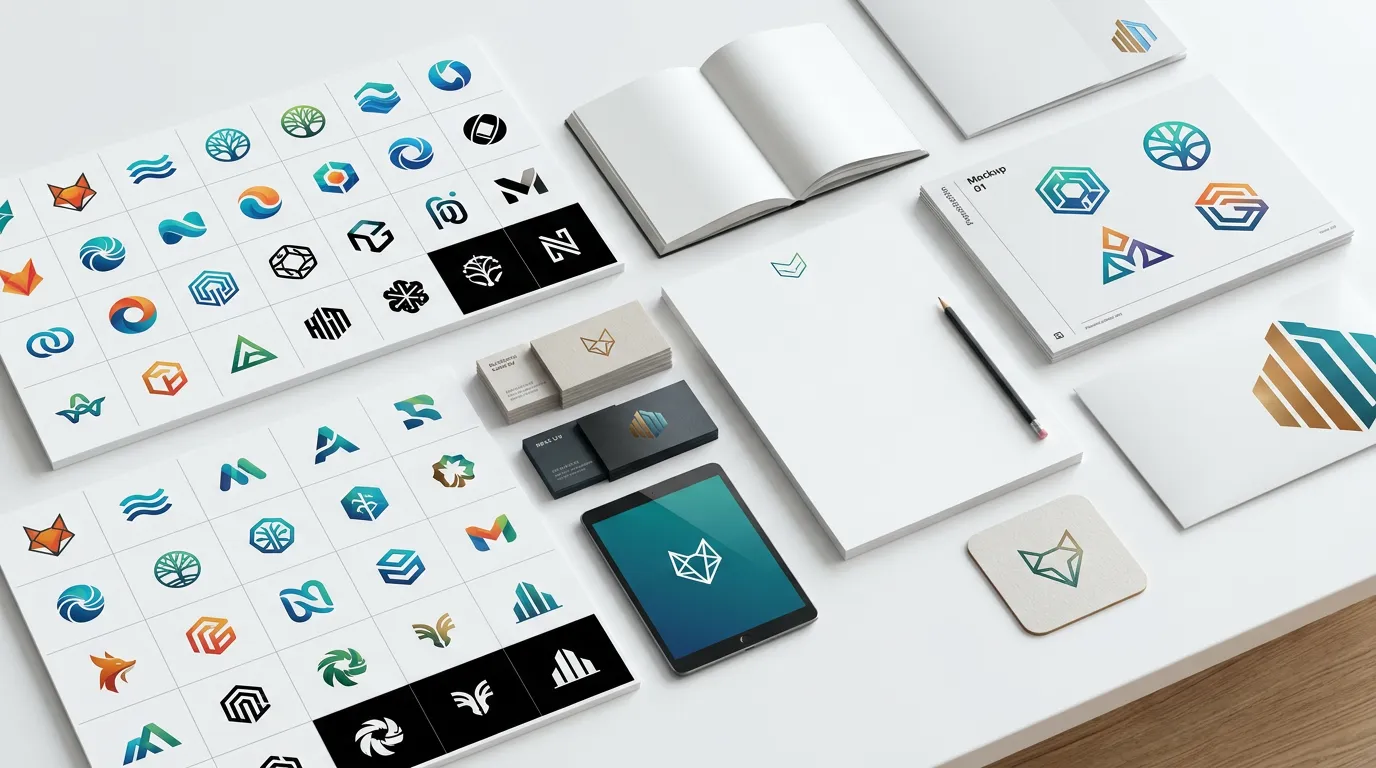 Assortment of professional logos and brand marks in different styles, geometric shapes, abstract icons, displayed on white background with design mockups, vector-inspired presentation